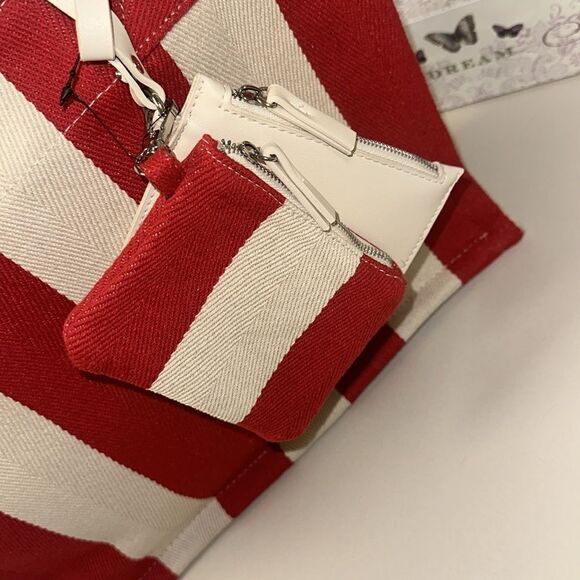 RAE DUNN Large Rare Retro Red Ivory Stripe Woven Canvas Bonjour Shopper Tote - Picture 8 of 15